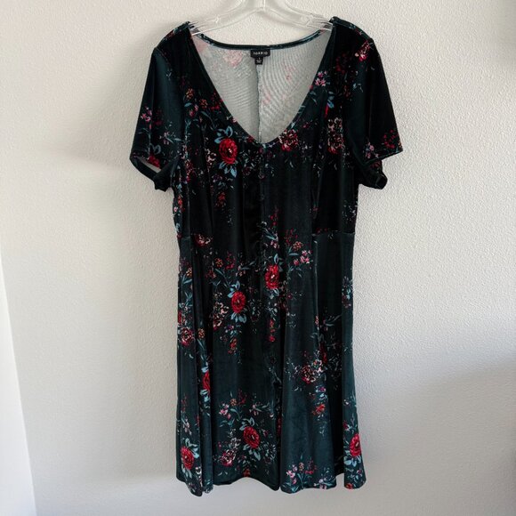 Torrid Floral Velvet Mini Dress - Green and Red - Picture 2 of 10